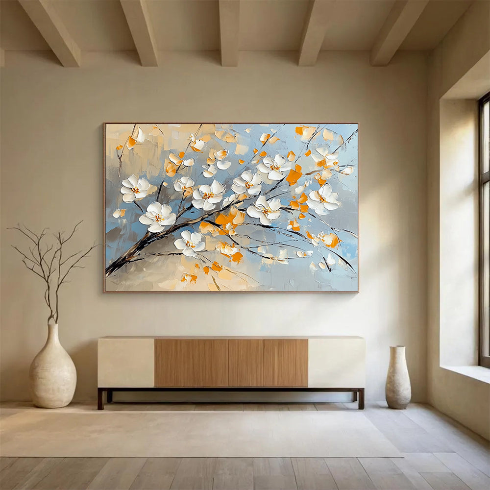 “Blossom Breeze” - White, Yellow, Blue, Floral Branches Painting On Canvas HB1036