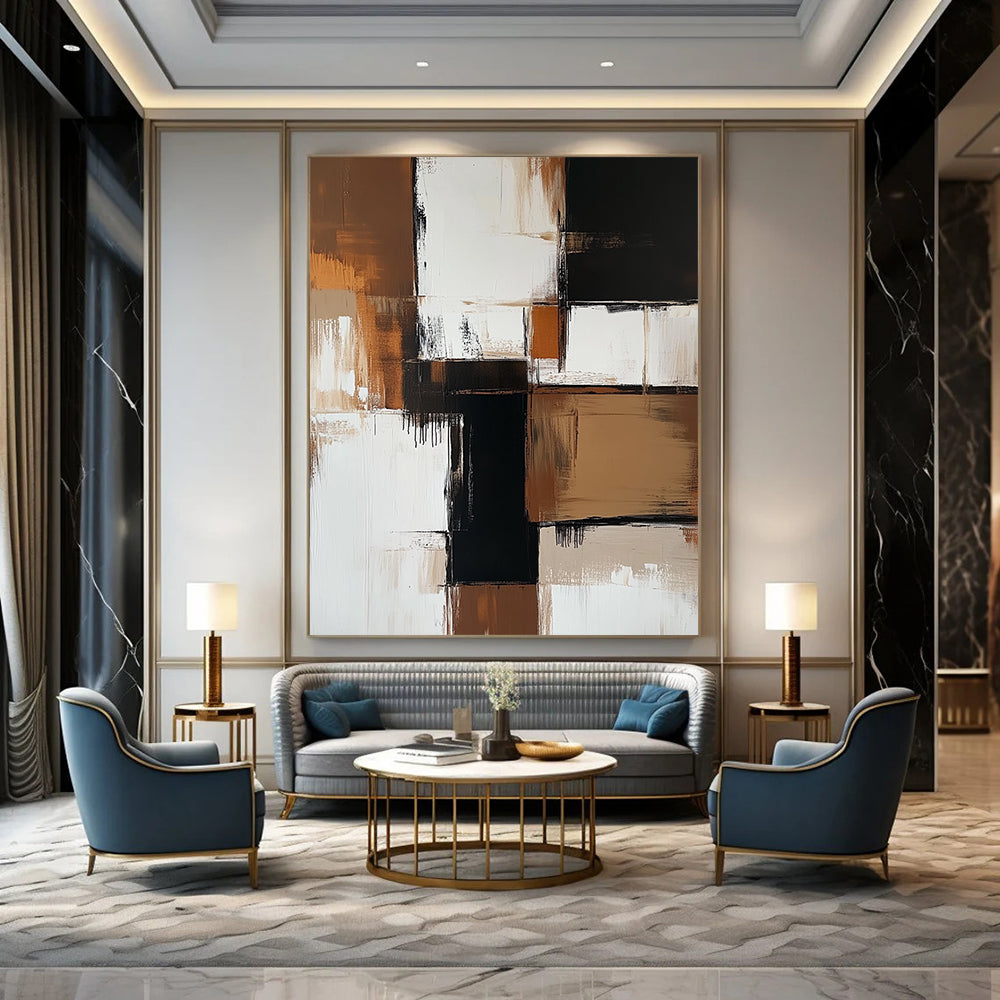 Contemporary hand-painted abstract art featuring bold brown and white color blocks with beige tones and striking black accents, showcasing minimalistic brush strokes. DLZ0735