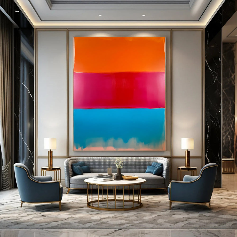 Contemporary hand-painted abstract artwork featuring a large field of color with red, peach, and bright blue vertical sections blending beautifully. DLZ1287