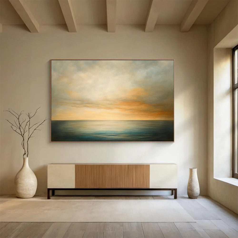 “Soft - Toned Sea and Sky” - Muted Grays, Oranges, Blues, Calm Ocean and Sky - Oil Painting HB1606