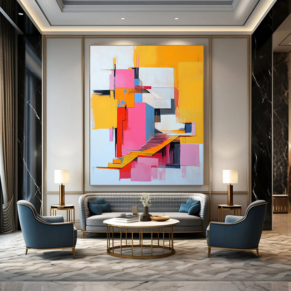 Vibrant contemporary abstract art featuring a pink and yellow building with stairs, inspired by modern artistic expressions. DLZ1377