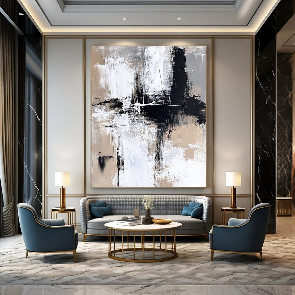Contemporary hand-painted abstract art featuring bold brush strokes in neutral tones and striking paint splashes for a modern aesthetic. DLZ0306
