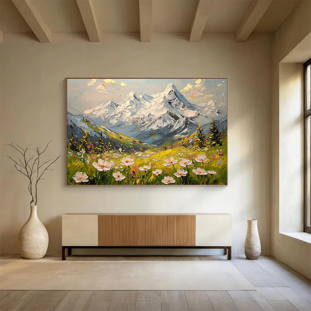 “Snowy Peaks & Flower Fields” - Whites, Greens, Yellows, Snow - capped Mountains & Wildflowers - Impasto Oil Painting HB1596