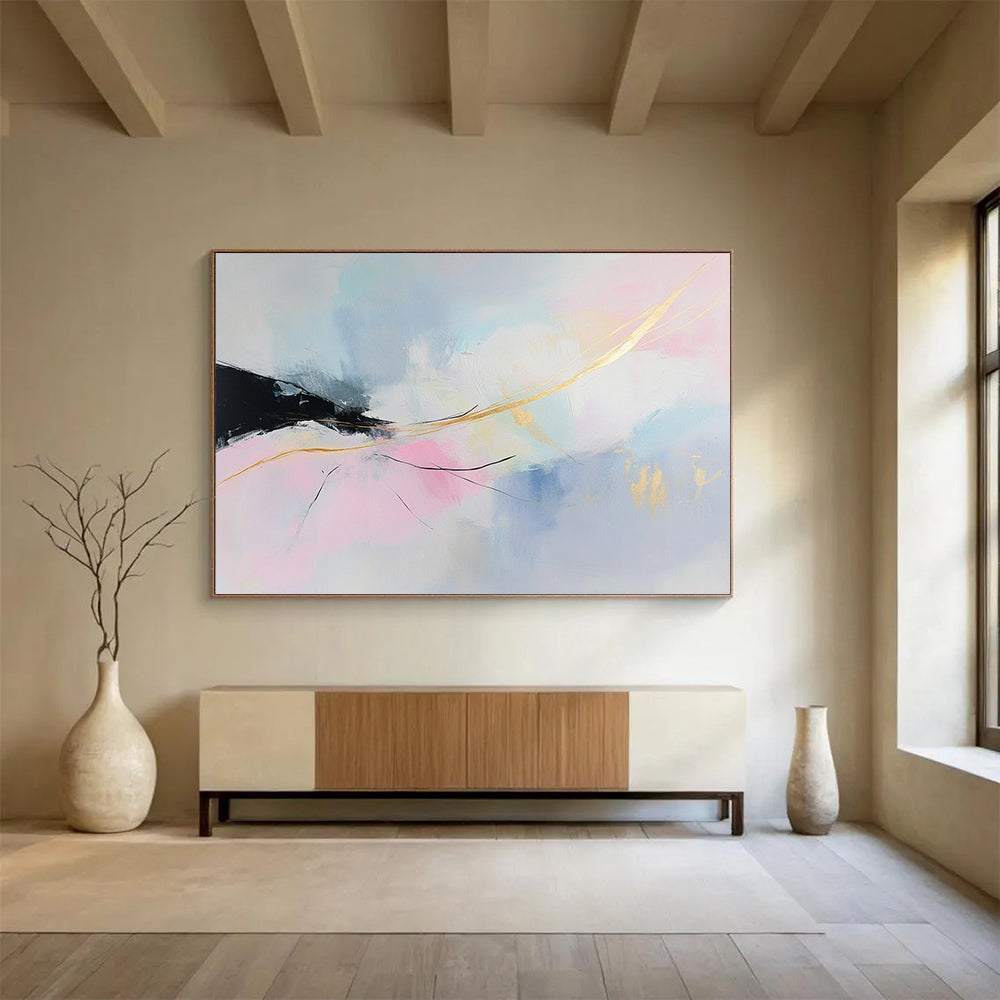 “Pastel Abstract Dream” - Pink, Blue, Gold, Soft Abstract Shapes Painting On Canvas HB0955