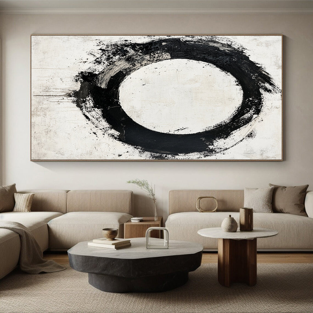 Black Circular Brushstroke with Gray Background - “Earthy Enso” Painting On Canvas HB241