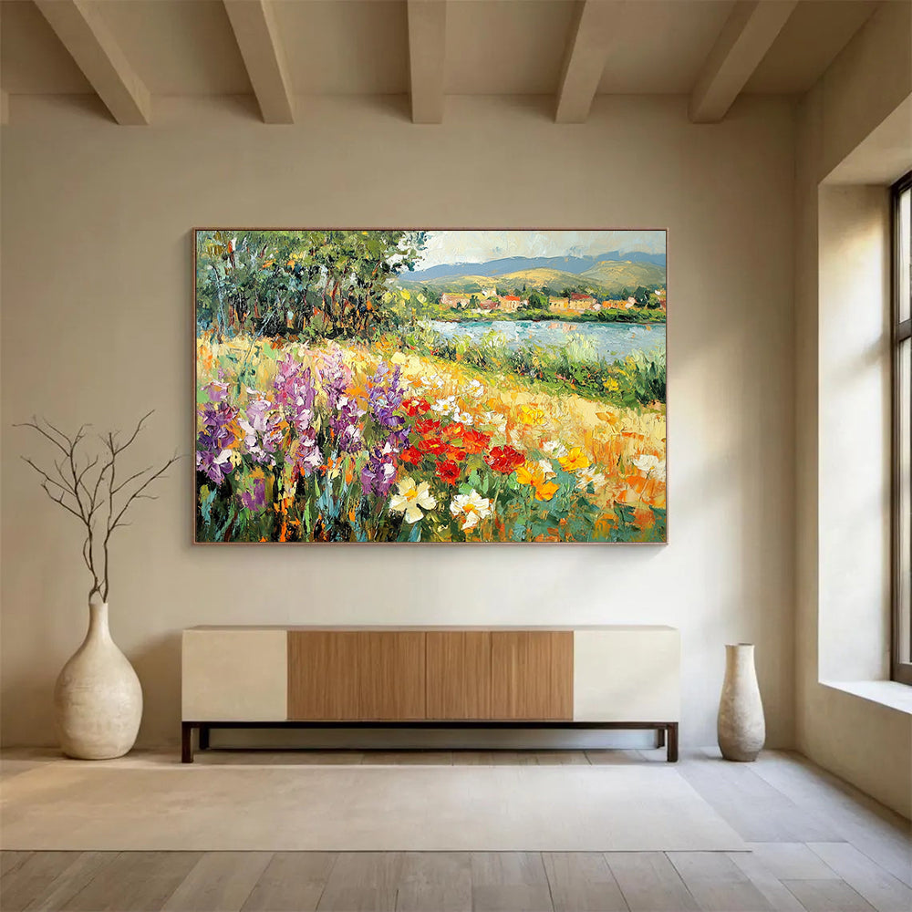 Flower - Filled Riverbank with Village View - Impressionistic Landscape Painting On Canvas HB0450
