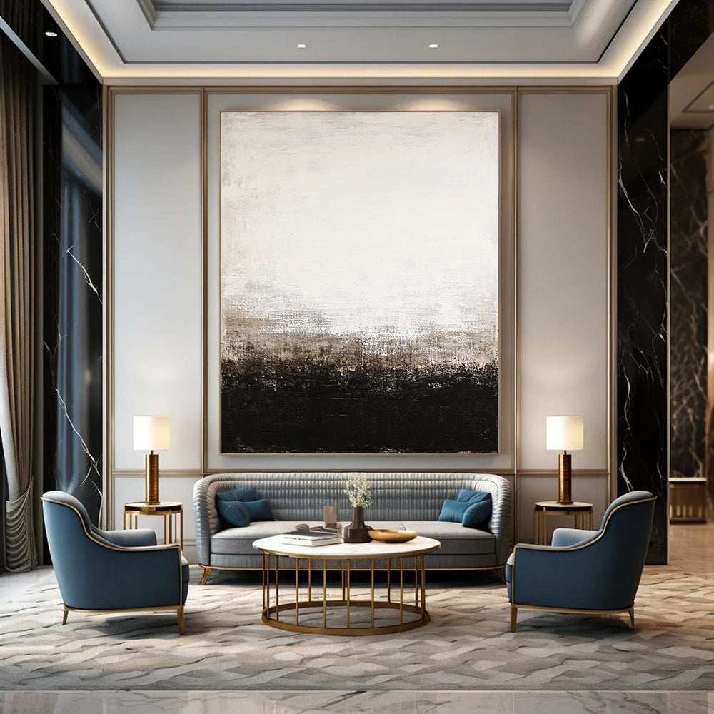 Large contemporary abstract painting features a black and white color scheme with a white-to-beige gradient and dark brown base evocative of Whistler and Rothko. DLZ0544