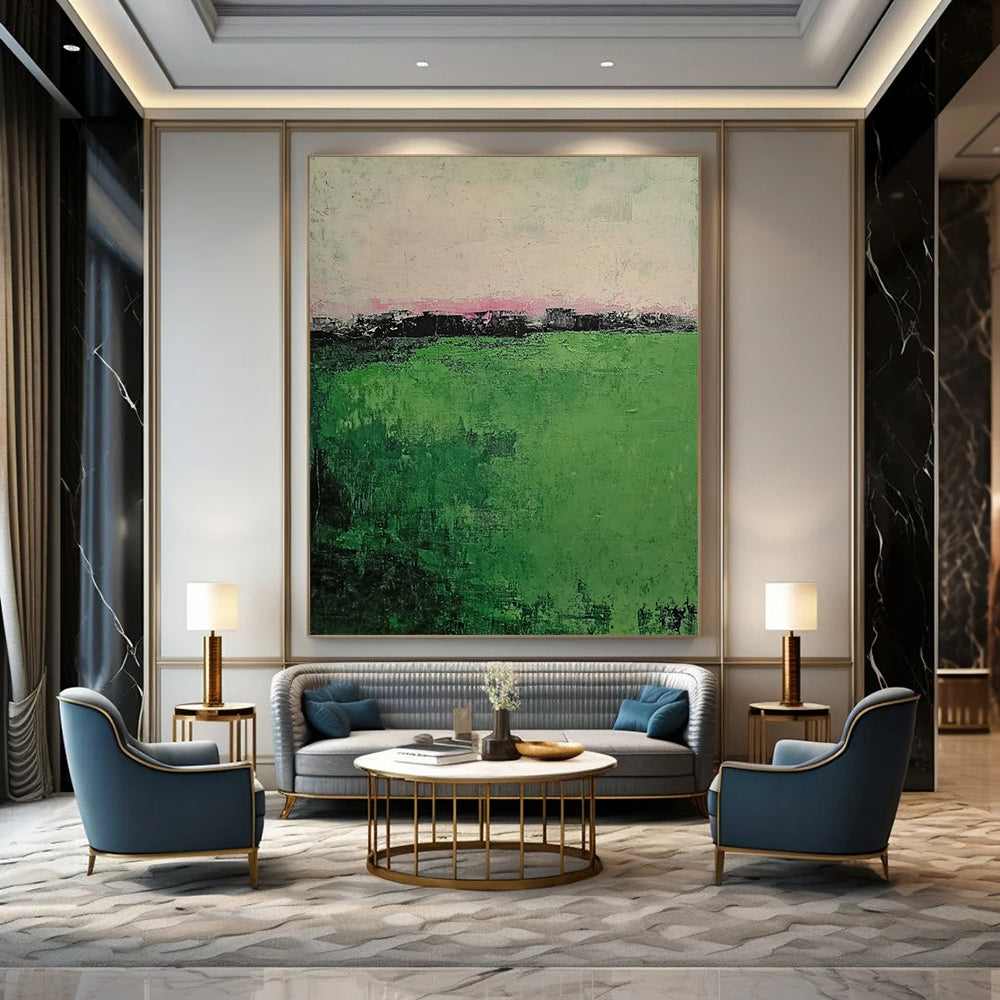 Contemporary abstract painting showcasing muted green grass foreground and a foggy village background featuring soft brush strokes on a textured canvas. DLZ0392