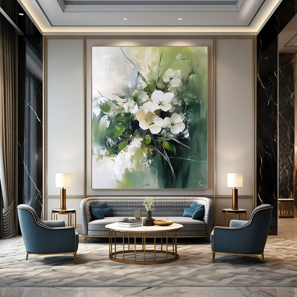 Contemporary abstract painting features white flowers and green leaves with a luminous palette and blurred edges on a neutral green background. DLZ0670