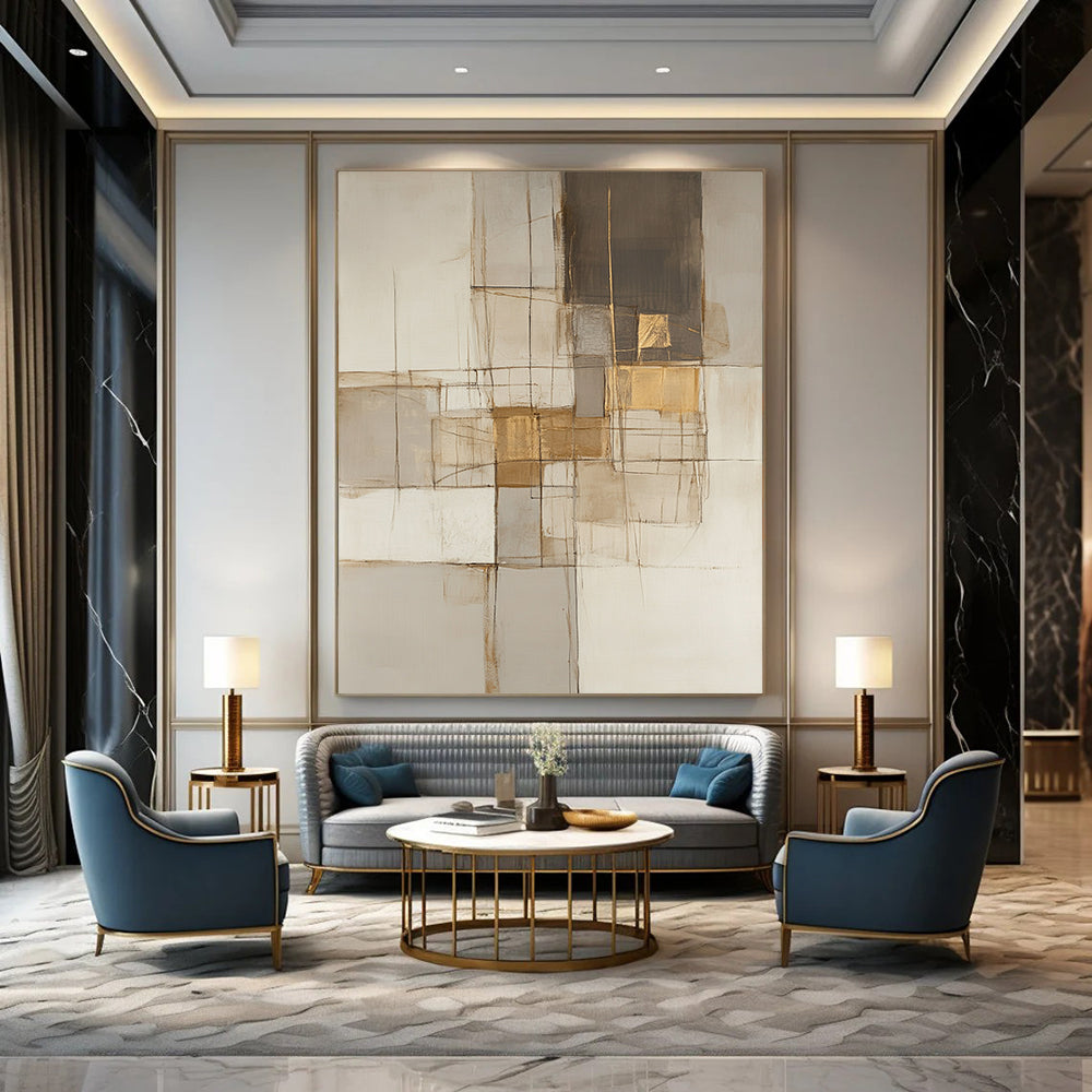 Large contemporary hand-painted abstract artwork featuring neutral tones with lines and squares accented in gold, beige, gray, and white. DLZ0923