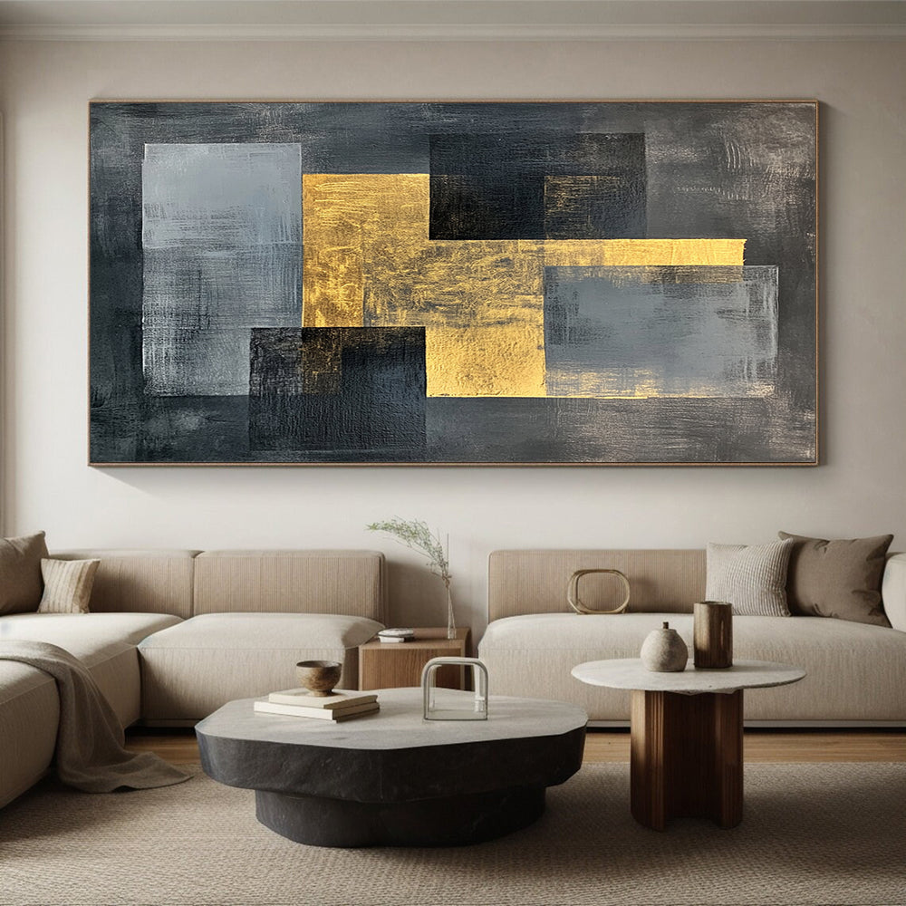 Gray, Black, Gold and White Geometric Fusion "Balanced Fusion" Painting On Canvas HB348