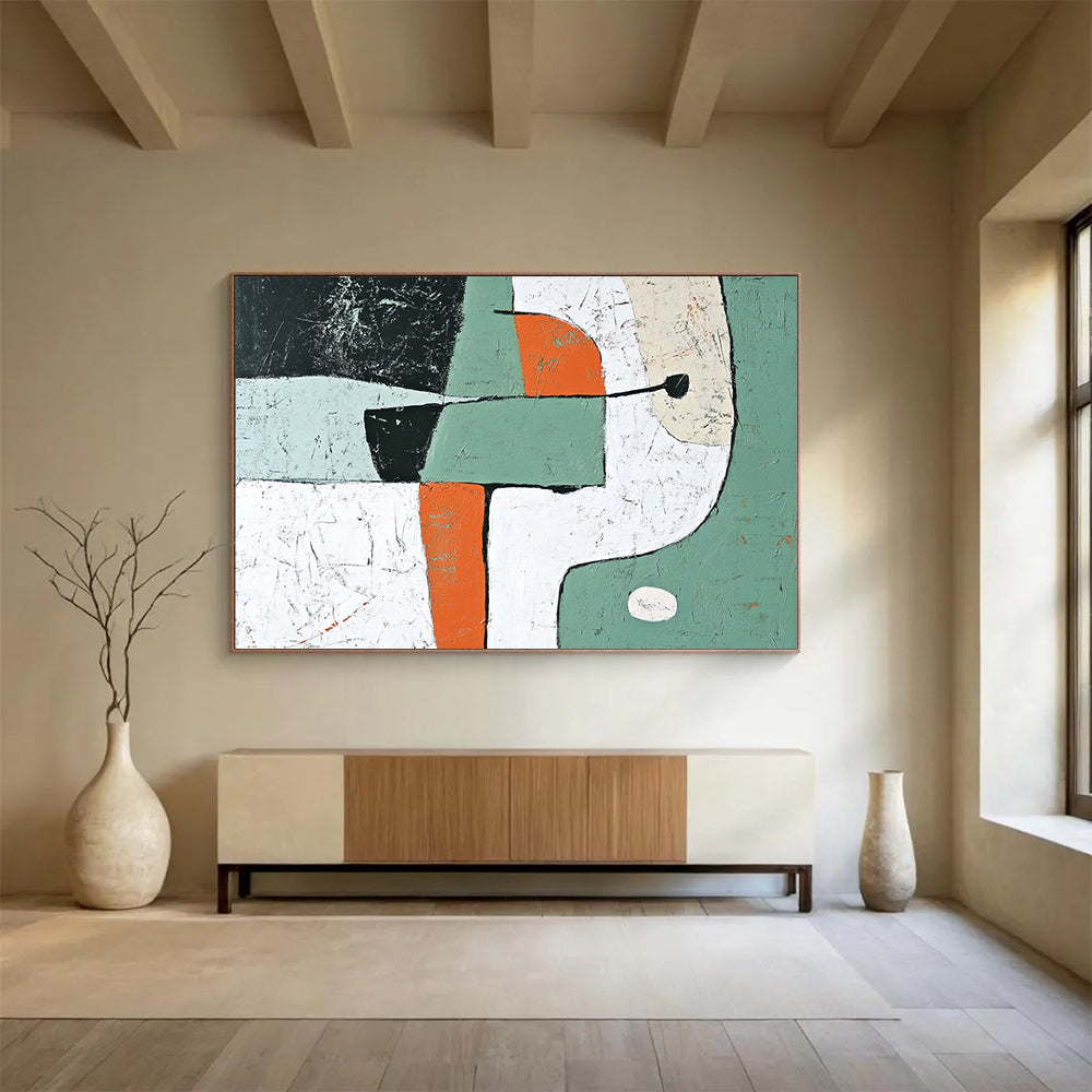 “Playful Shapes” - Green, Orange, White, Abstract Forms - Modernist Acrylic Painting HB1529