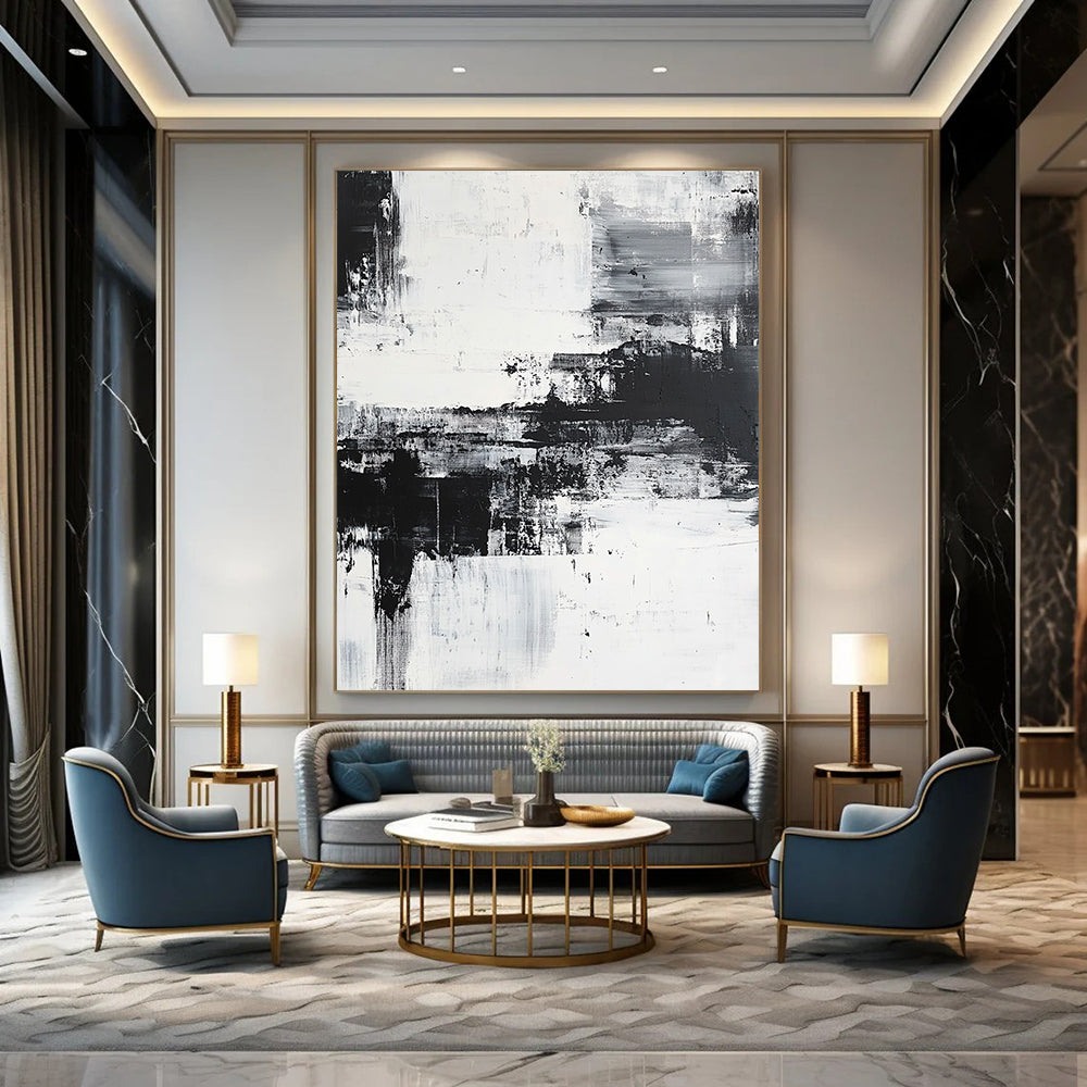 Large contemporary hand-painted abstract artwork featuring a coastal landscape with brush strokes and layers, emphasizing emotional depth in a serene monochromatic palette. DLZ0302