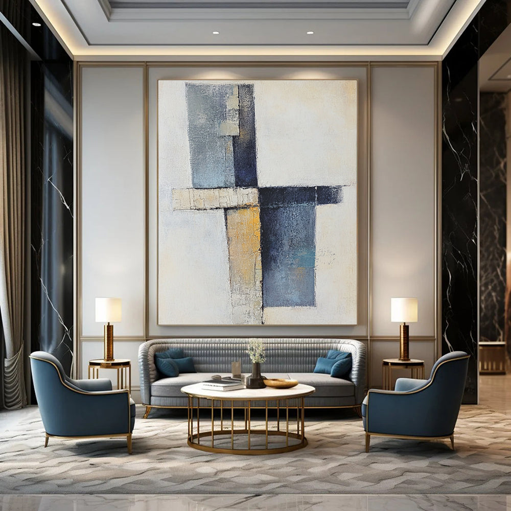 Contemporary abstract artwork showcasing a cross with soft shapes in earthy tones and blue-gray, featuring a vertical line and scattered blocks. DLZ0969