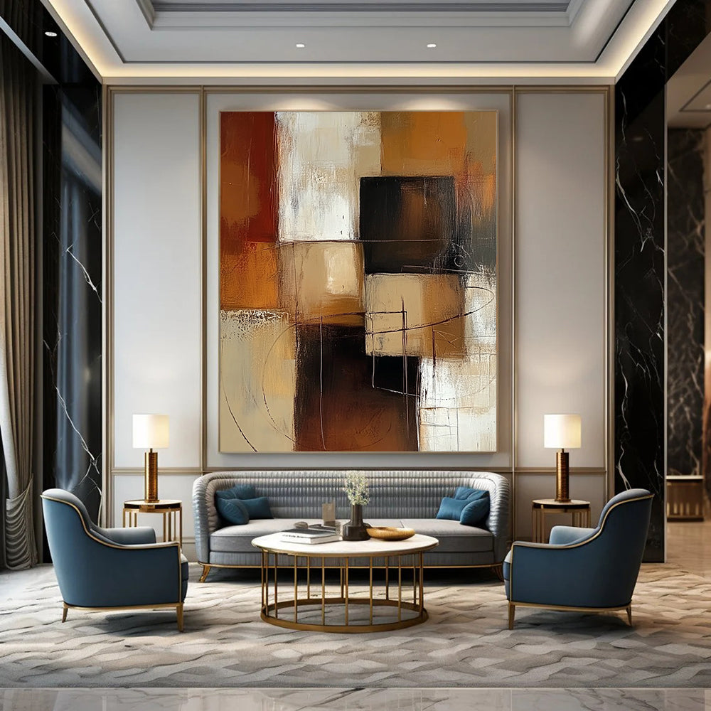 Contemporary hand-painted abstract art features warm brown and beige blocks with white accents showcasing visible brush strokes and soft edges. DLZ0978