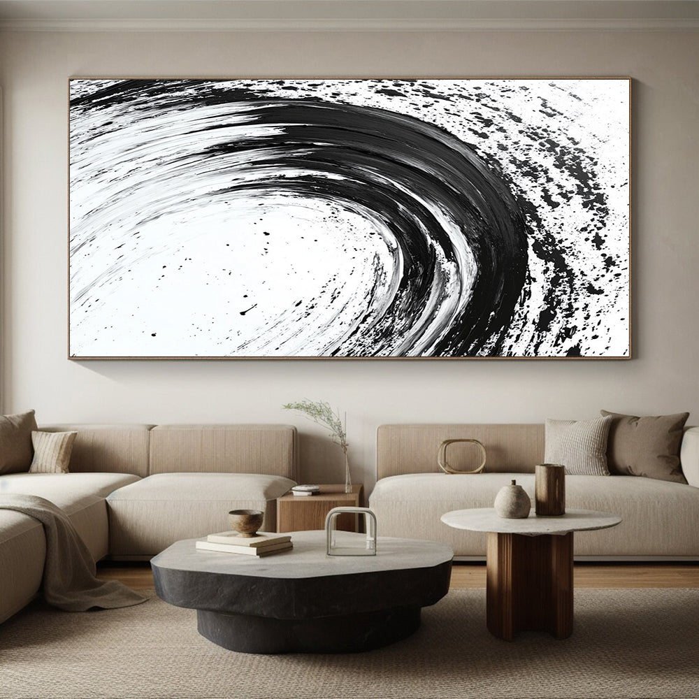 Black Curved Brushstrokes on White - “Flowing Ink Rhythm” Painting On Canvas HB216