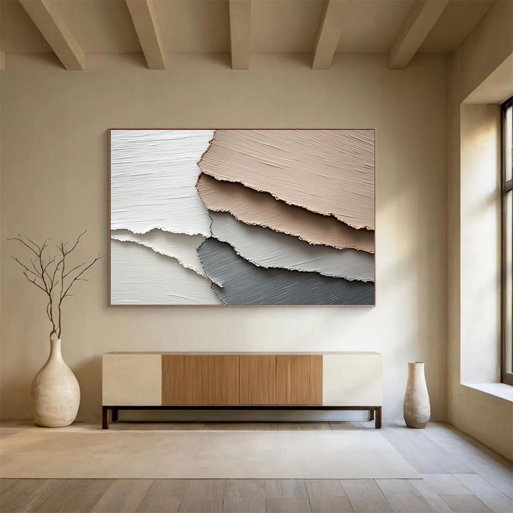 “Neutral Textured Layers” - White, Beige, Gray, Textured Abstract Shapes - Mixed Media Art HB1646