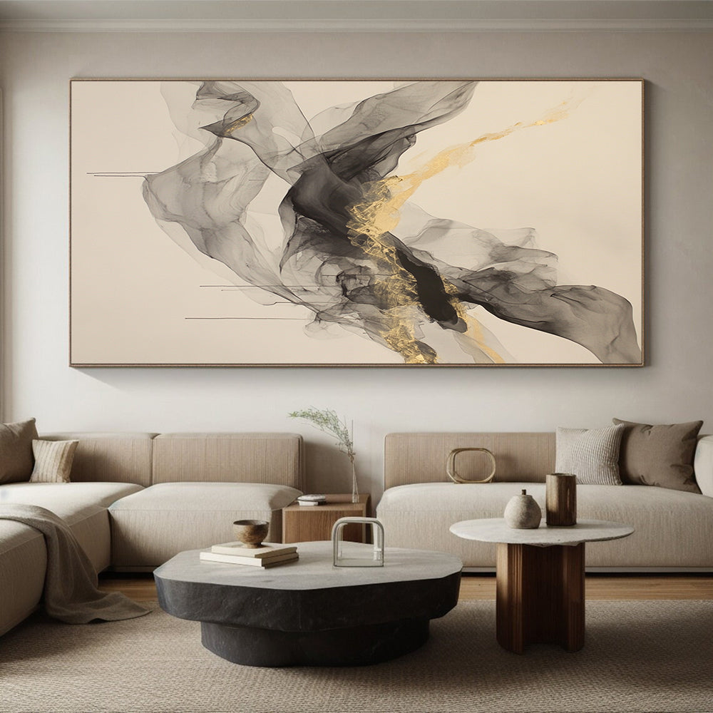 Beige, Gray, Gold, Flowing Shapes "Smoky Splendor" Abstract Painting On Canvas HB035