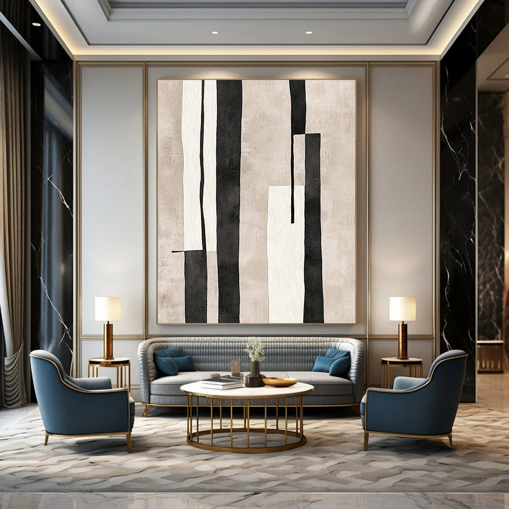 Large contemporary hand-drawn abstract art featuring vertical rectangular shapes in minimalist style with muted colors on textured paper inspired by Matisse. DLZ1270