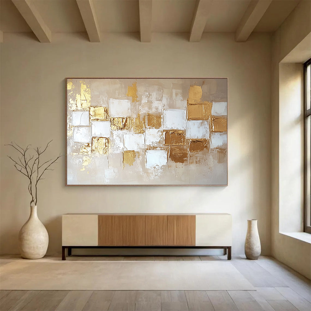 “Gold and Beige Geometric Abstract” - Gold, Beige, Geometric Textured Shapes Painting On Canvas HB0885