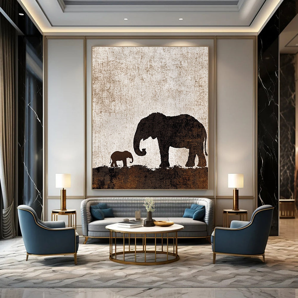 Contemporary abstract artwork featuring an elephant silhouette with calf on a textured brown and white background, perfect for any modern space. DLZ1088