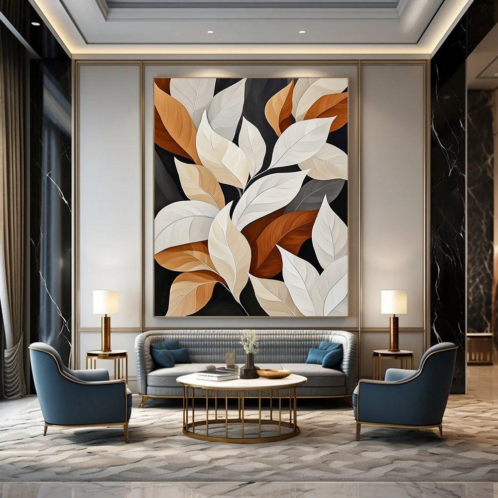 Contemporary abstract painting featuring white and beige leaves with brown edges on dark backgrounds showcasing varied sizes shapes and angles in a muted color palette. DLZ1425