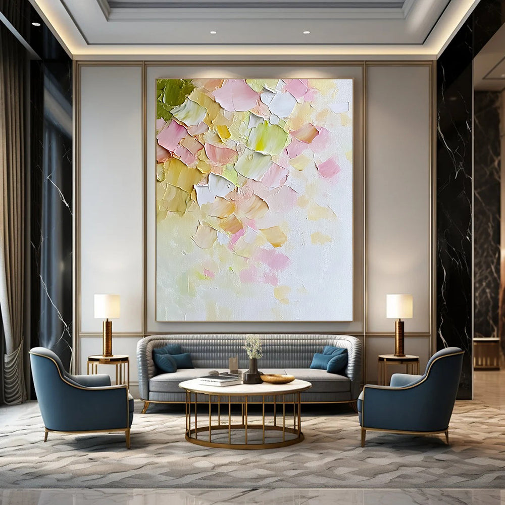 Contemporary hand-painted abstract art features soft pastel petals on textured canvas evoking warmth and serenity in a minimalist springtime style. DLZ1192