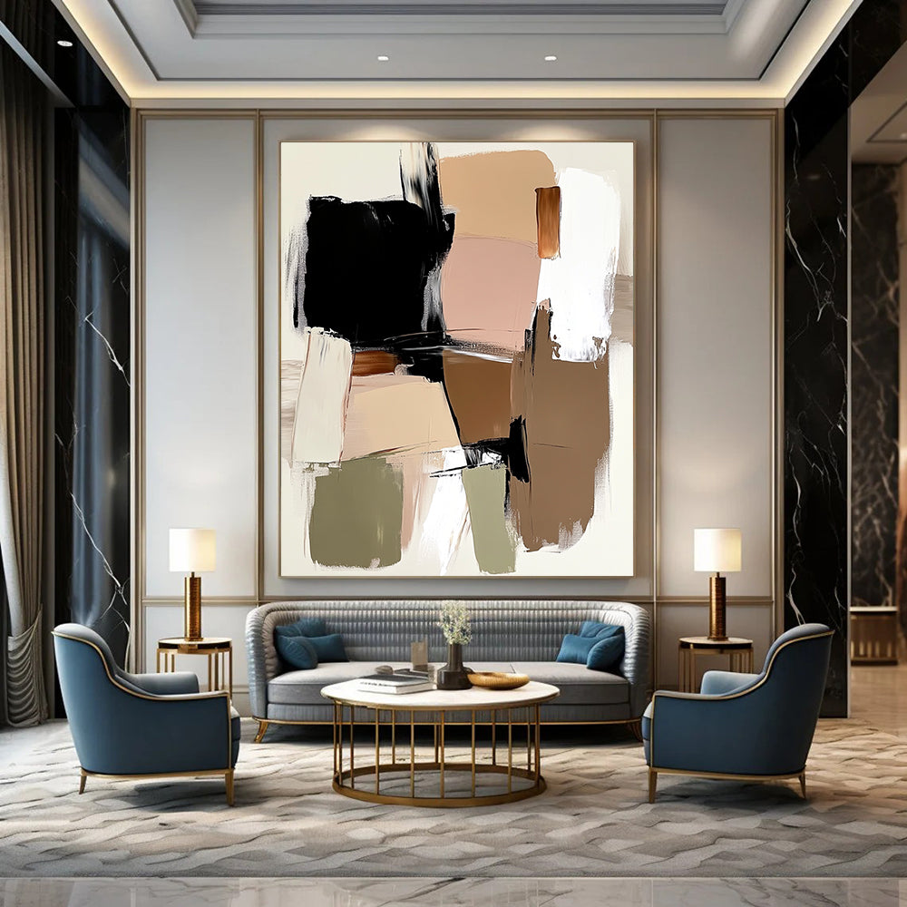 Contemporary hand-painted abstract art featuring loose brush strokes, large shapes, and a neutral background in beige and brown with accents of black, white, sage green, and pink. DLZ0557