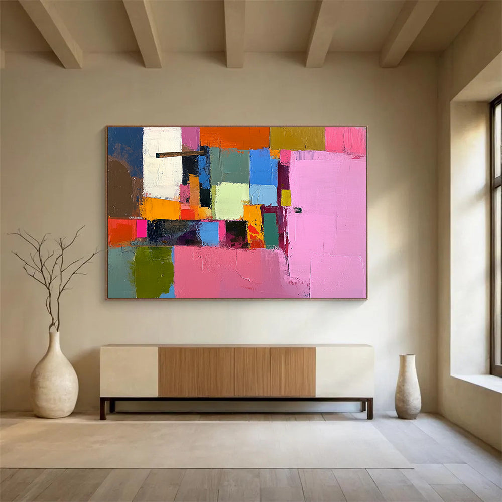 “Colorful Cubes” - Pink, Orange, Blue, Green, Abstract Cubist Blocks Painting On Canvas HB1058
