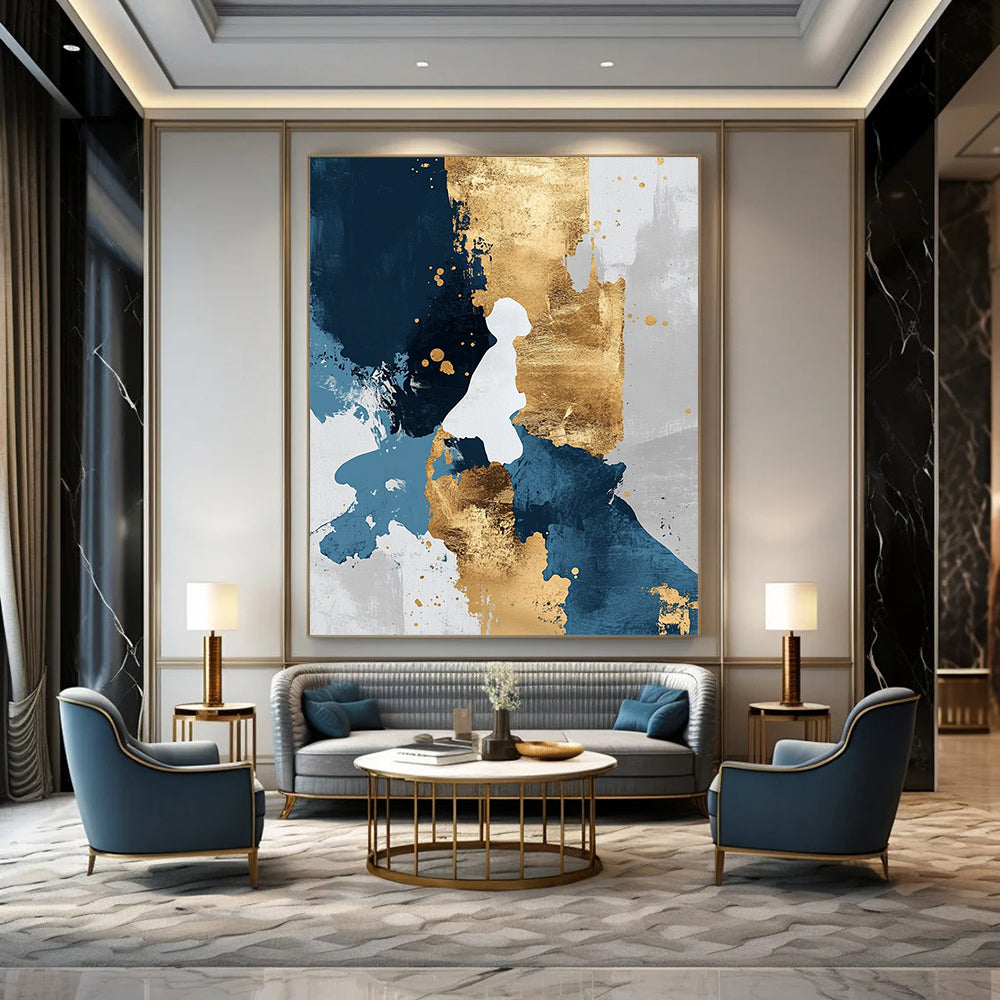 Contemporary hand-painted abstract artwork featuring gold blue and white tones with golden foil details in a minimalist modern style. DLZ0269