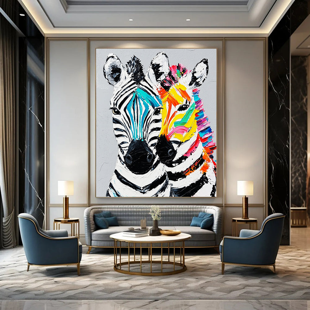 Contemporary hand-painted abstract artwork featuring two vibrant zebra heads with textured fur details against a gray background. DLZ1231
