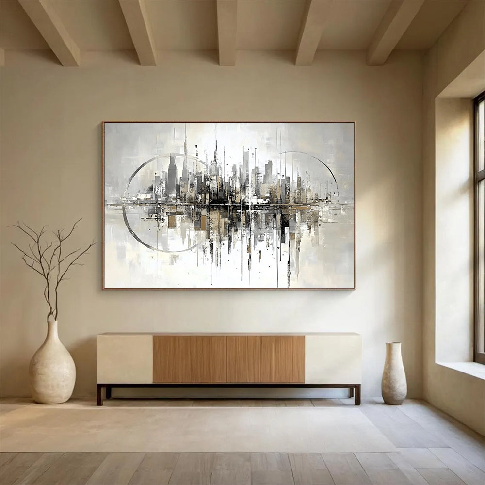 “Abstract Cityscape Reflection” - Gray, Beige, City, Reflection Painting On Canvas HB0765