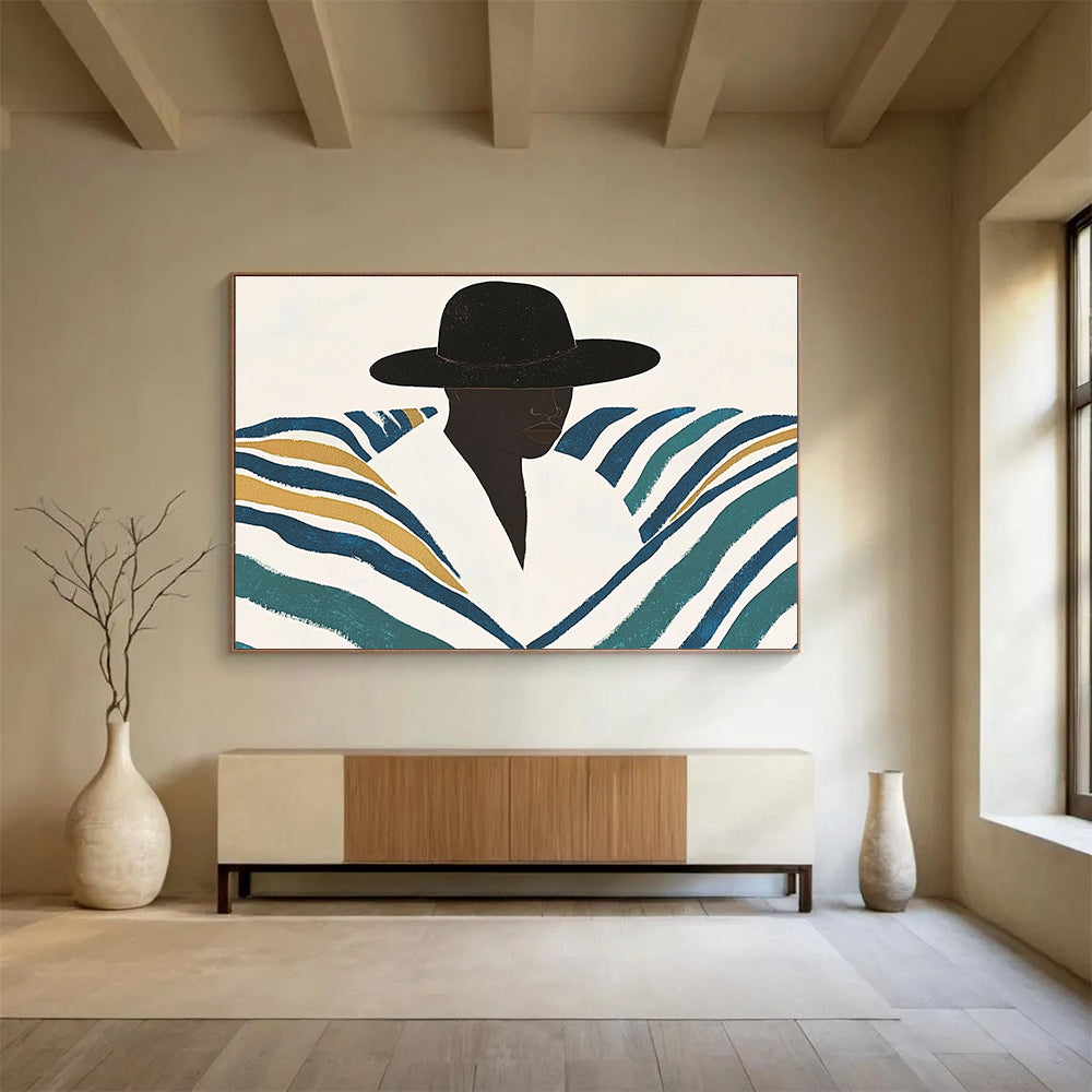 “Stylish Striped Silhouette” - Blacks, Whites, Blues, Golds, Fashion Figure - Flat - Style Illustration HB1560