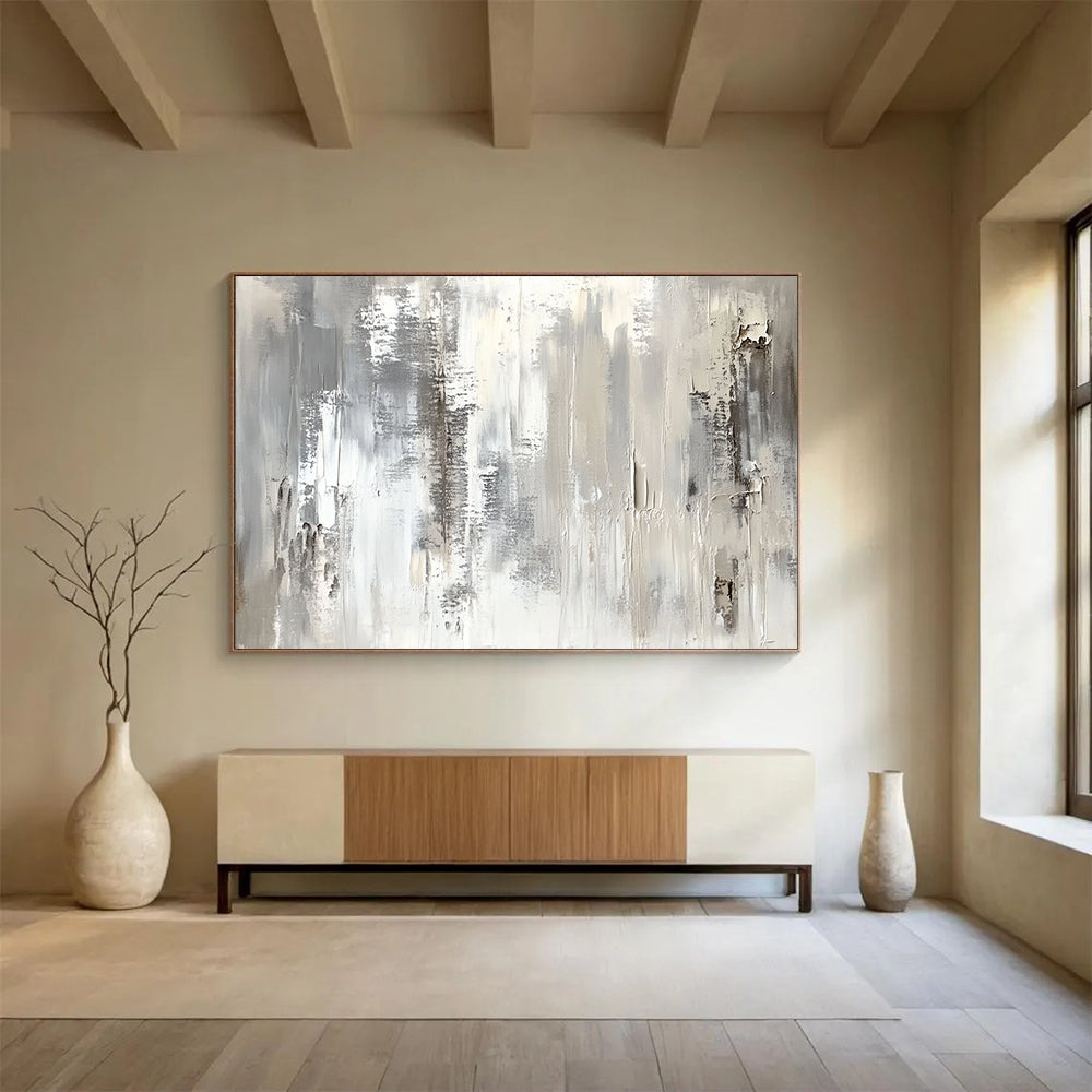 “Monochrome Textured Abstract” - Gray, White, Textured Brushstrokes Painting On Canvas HB0886