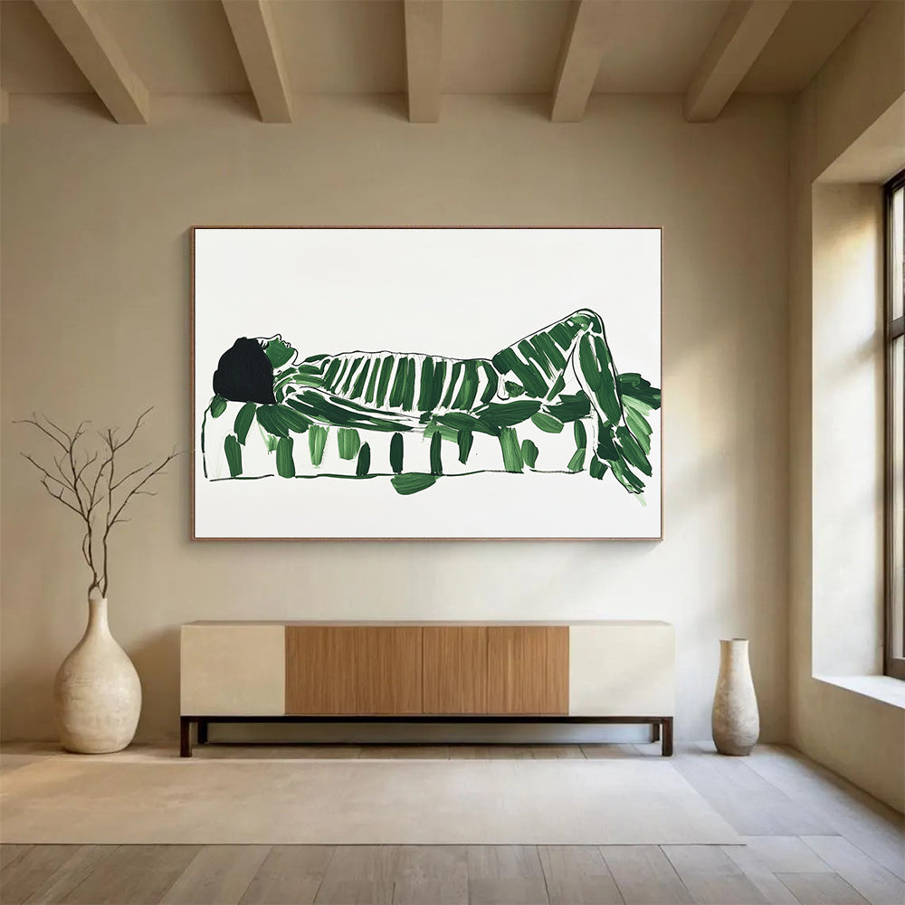 “Green - Leafed Figure” - Green leaves, black lines, Figurative Abstract Painting On Canvas HB0559