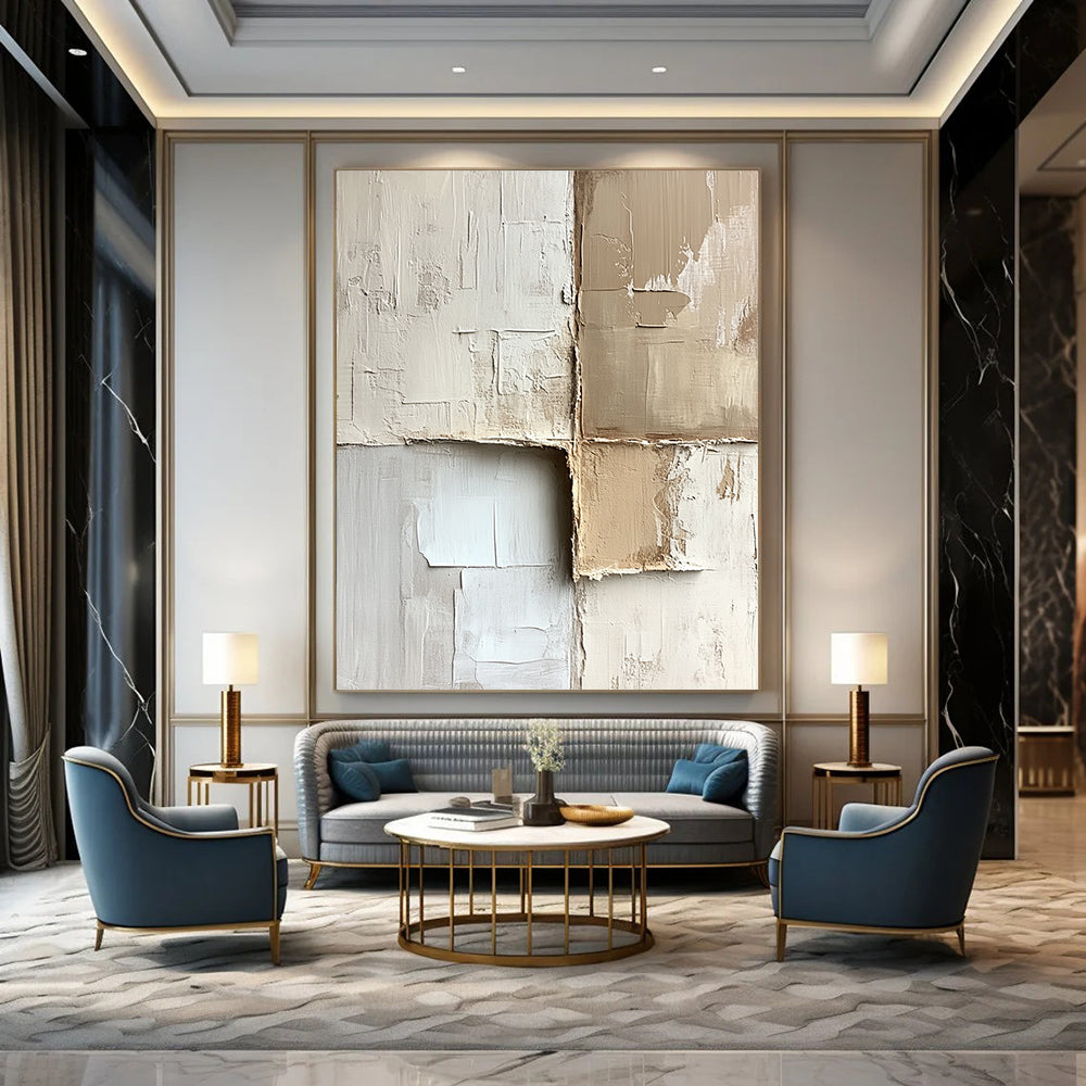 Contemporary hand-painted abstract artwork with textured beige and white blocks showcasing minimalism and neutral tones on canvas. DLZ0286