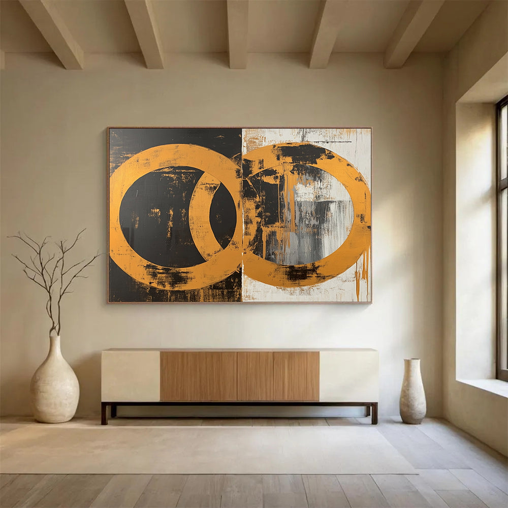 “Interlocking Gold Circles” - Gold, Black, White, Abstract Circles Painting On Canvas HB0785