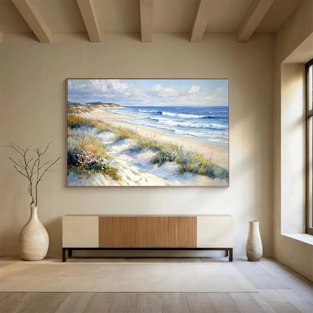 Blue, White, Yellow and Green Beach Landscape "Coastal Calm" Painting On Canvas HB0662