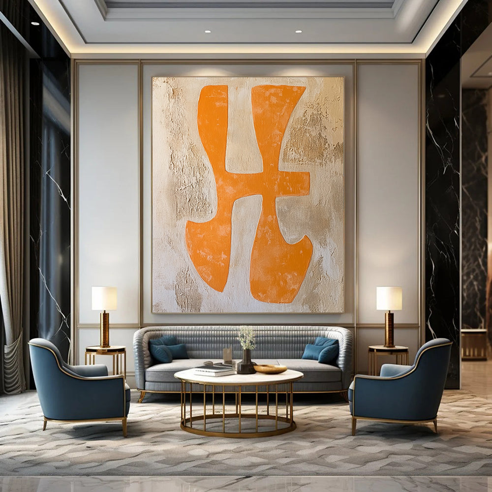 Contemporary abstract painting featuring orange "Xing" characters in a textured canvas with warm terracotta and pale yellow hues. DLZ1706