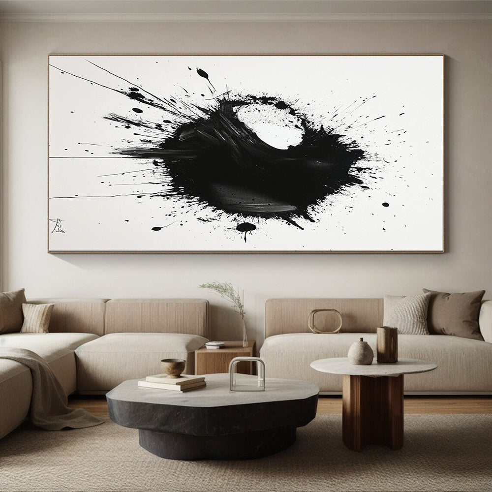 Black Asymmetric Splatter on White - “Unbalanced Ink Drama” Painting On Canvas HB219