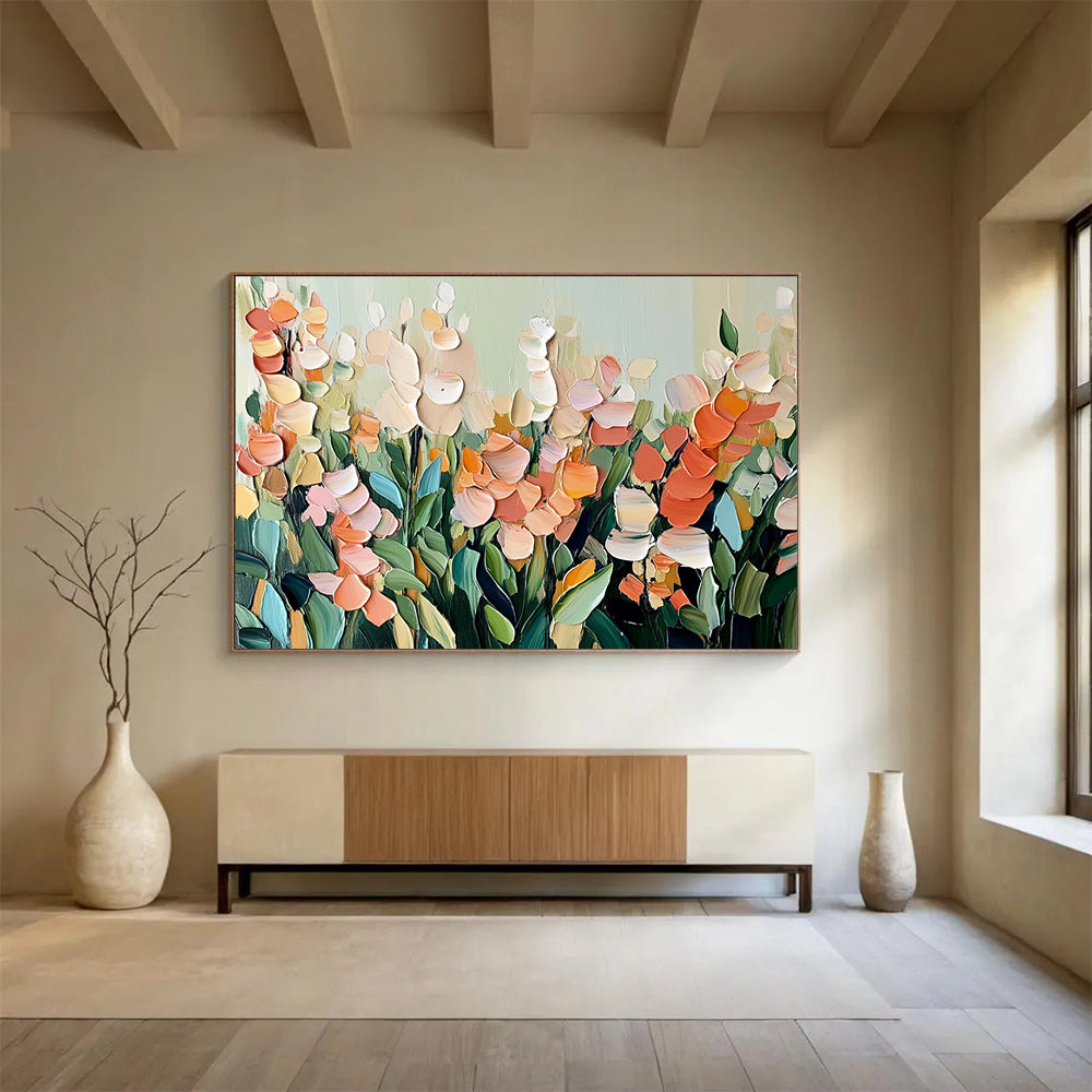 “Soft - Toned Floral Field” - Muted Palette, Layered Floral Landscape Painting On Canvas HB0878