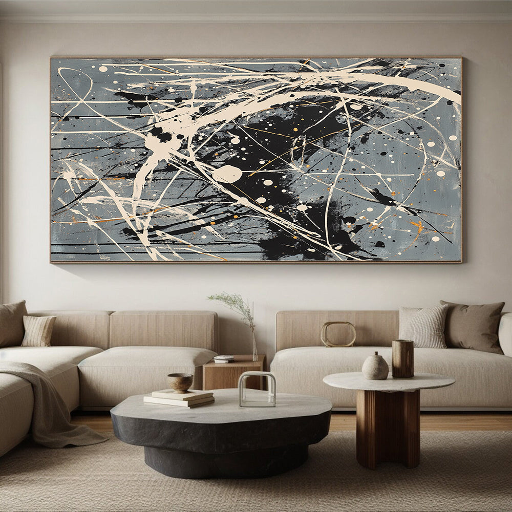 Gray, Black, White, Gold, Complex Drips "Starry Maze" Abstract Pollock - Inspired Painting On Canvas HB054