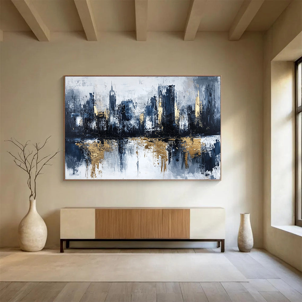 “Gilded City Skyline Reflection” - Gray, Blue, Gold, Abstract Cityscape with Water Mirroring Painting On Canvas HB1097