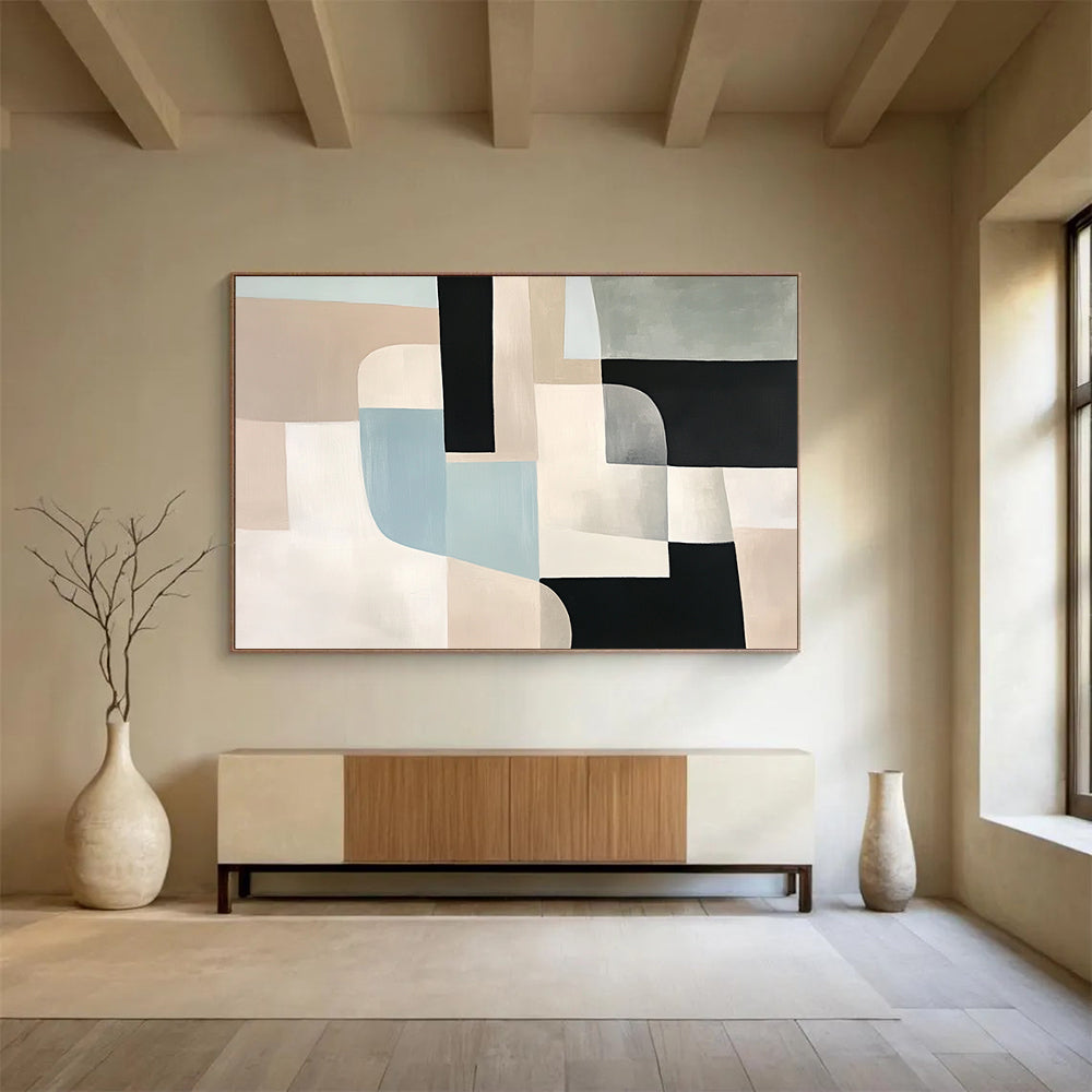 “Neutral Geometric Abstract” - Beige, Black, Blue, Gray, Geometric Forms - Painting On Canvas HB1425