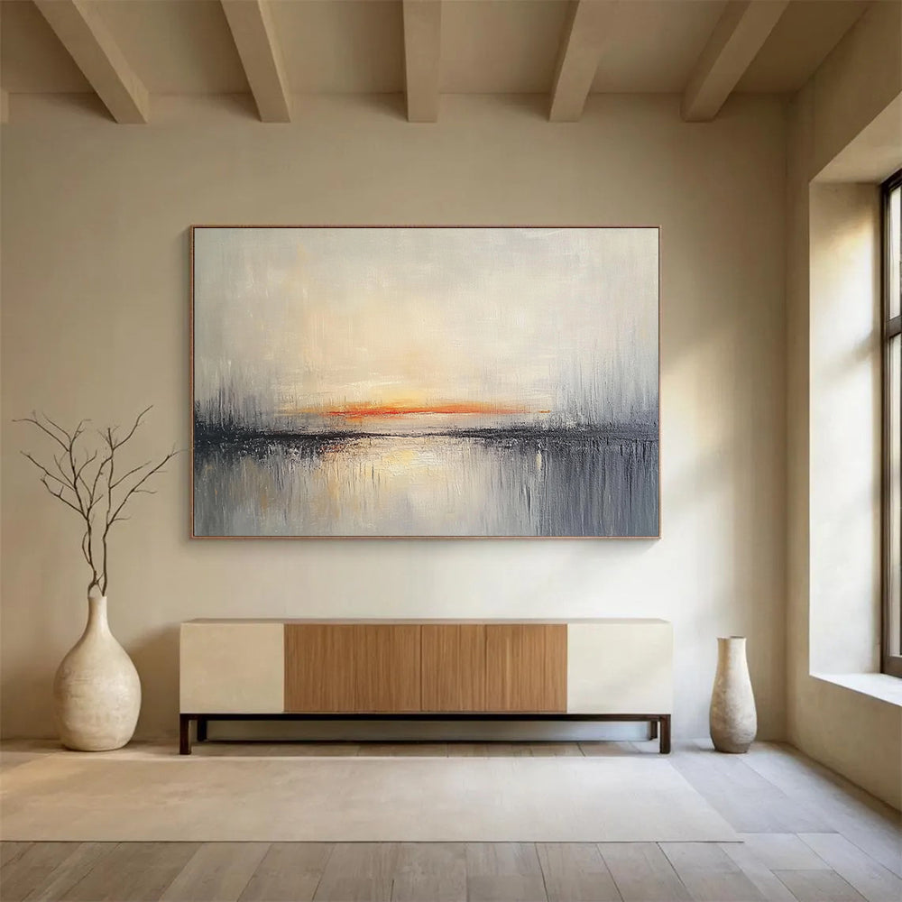 “Sunset Reflection” - Gray, Orange, Tranquil Sky and Water Painting On Canvas HB0936