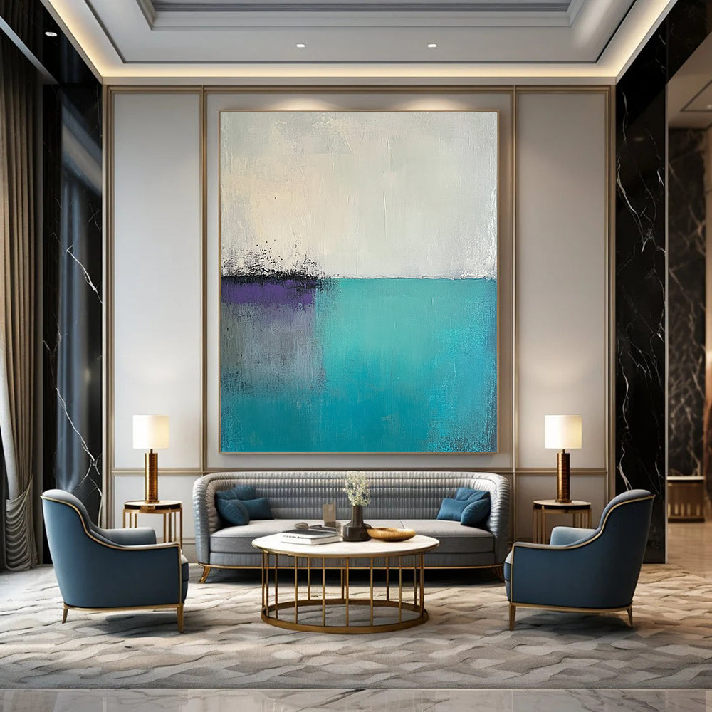 Contemporary abstract artwork features large brush strokes and palette knife textures in light teal gray and greenish-blue with a foggy minimalist landscape and pale purple sky. DLZ0627