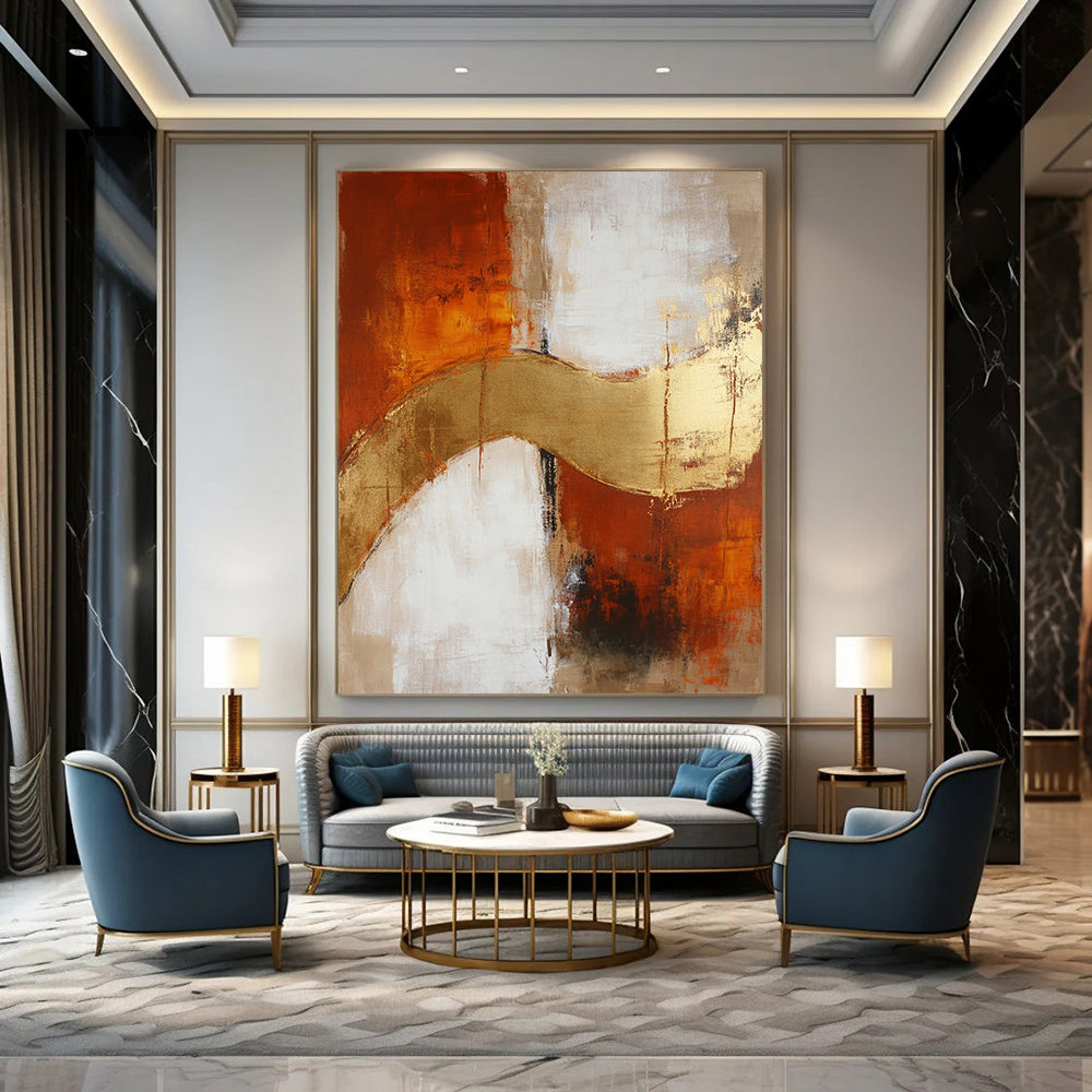 Large contemporary hand-painted abstract artwork featuring beige and rust hues, elegantly accented with gold details. DLZ0726
