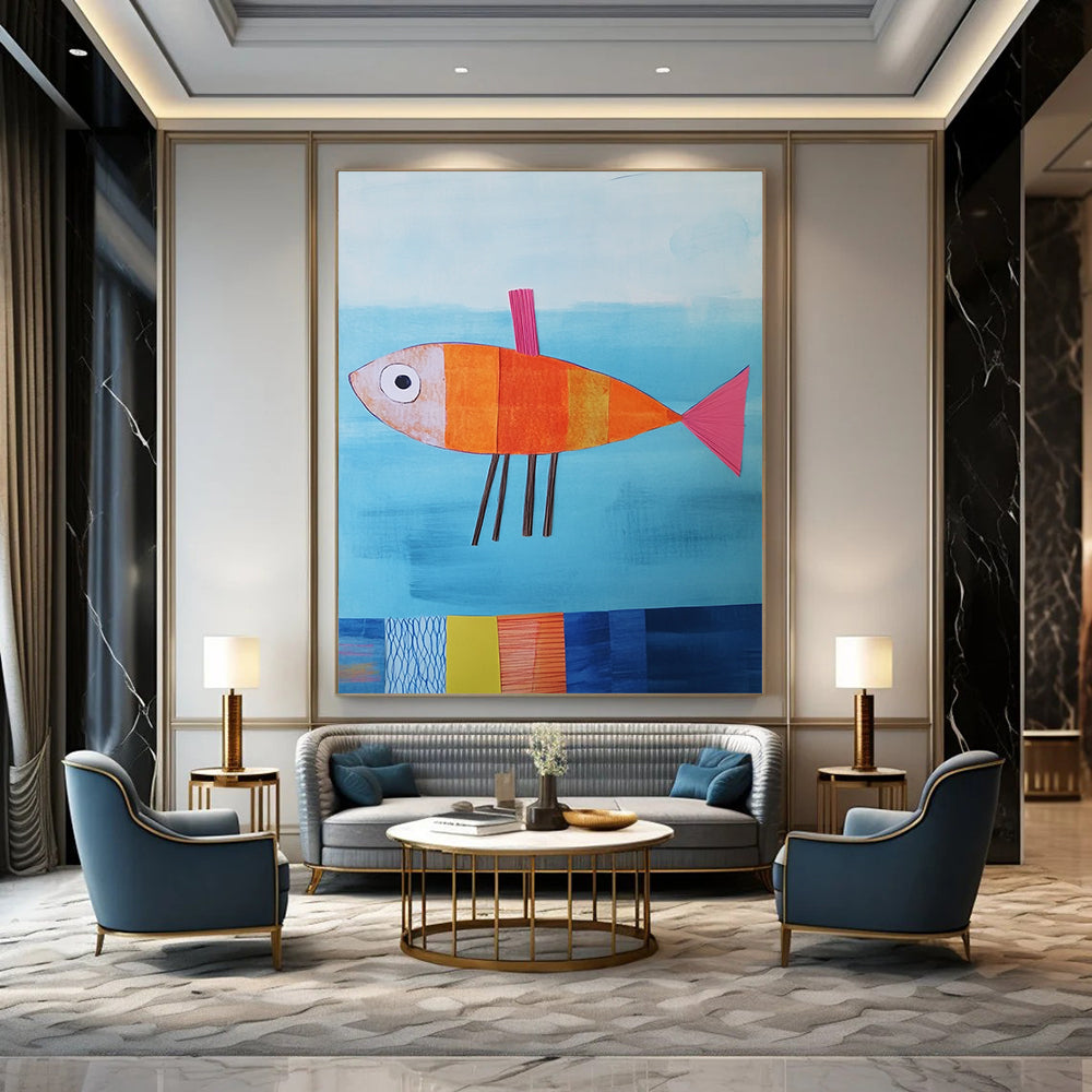 Contemporary abstract artwork features a paper fish in blue water with colorful details and textured fins against a playful backdrop. DLZ1260
