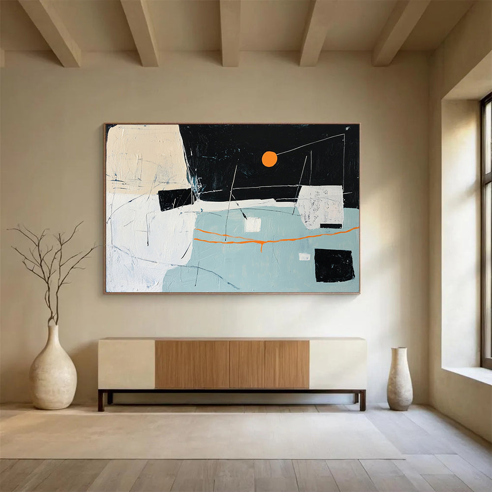 “Abstract Night Sky with Orange Sun” - Black, Orange, White, Blue, Abstract Forms - Painting On Canvas HB1417