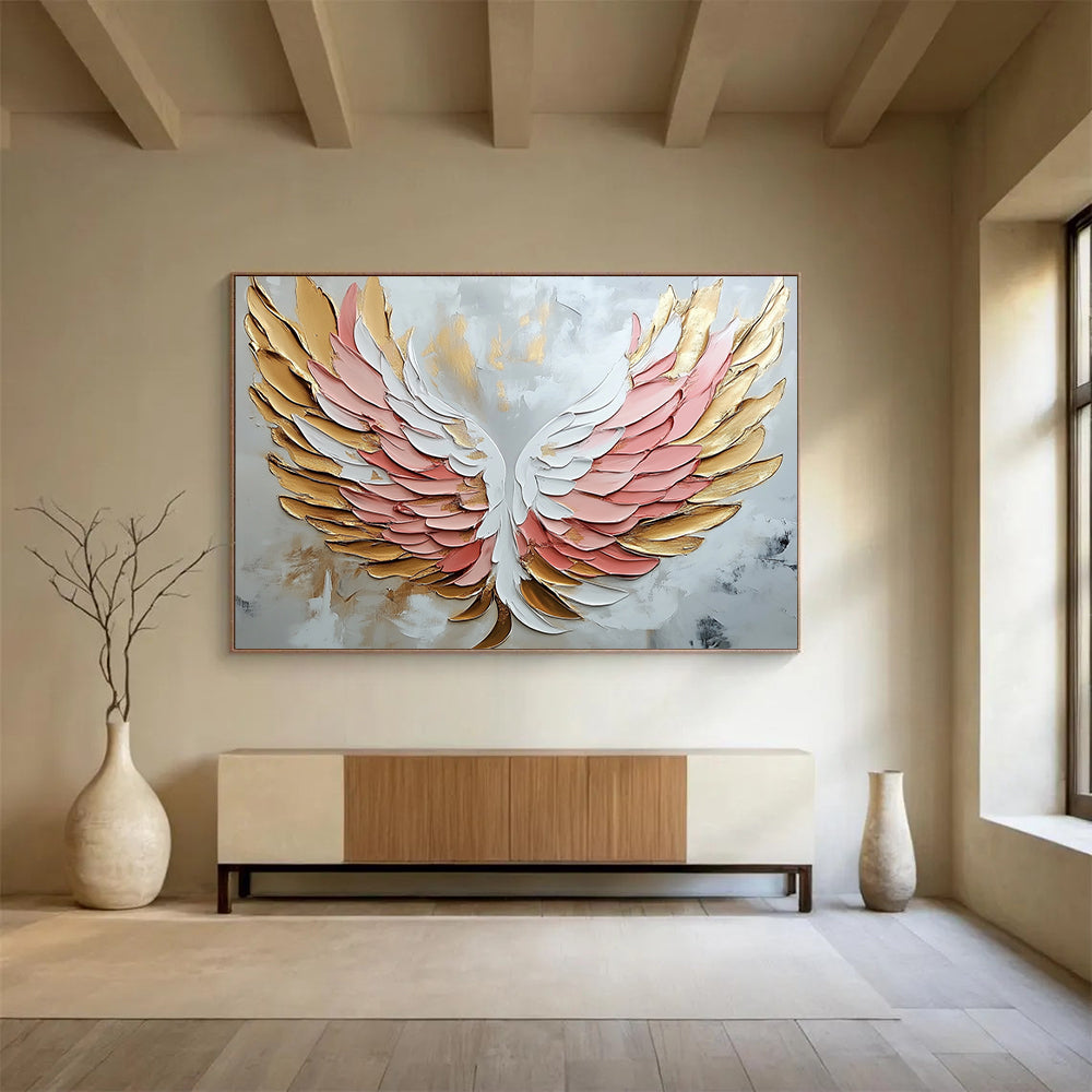 “Textured Angel Wings Abstract” - Gold, Pink, White with 3D Wings - Painting On Canvas HB1398